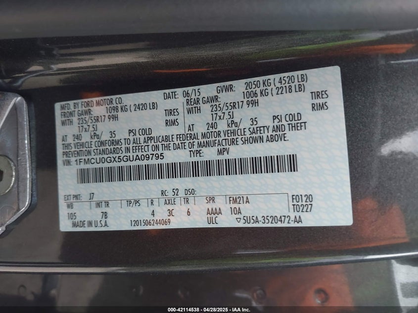 2016 FORD ESCAPE VIN: 1FMCU0GX5GUA09795