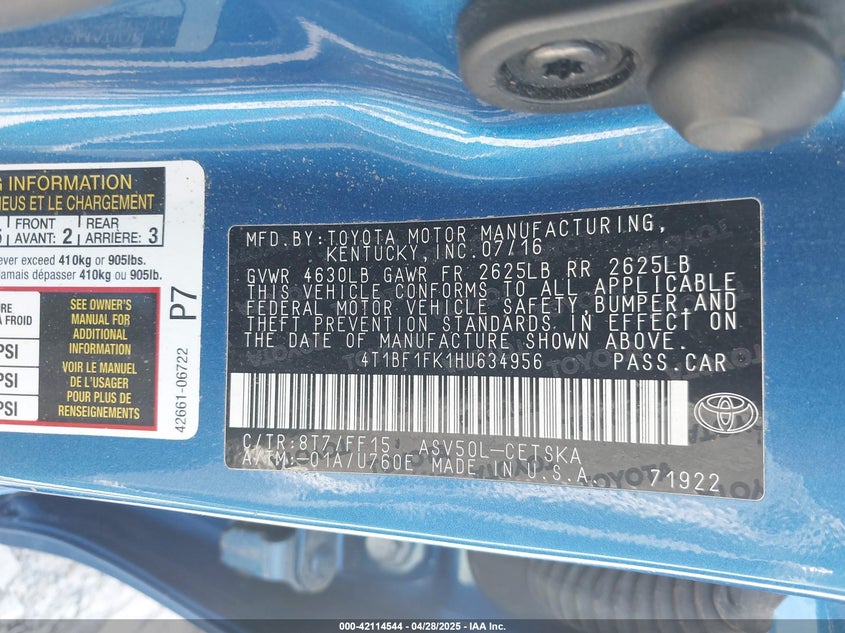 2017 TOYOTA CAMRY VIN: 4T1BF1FK1HU634956
