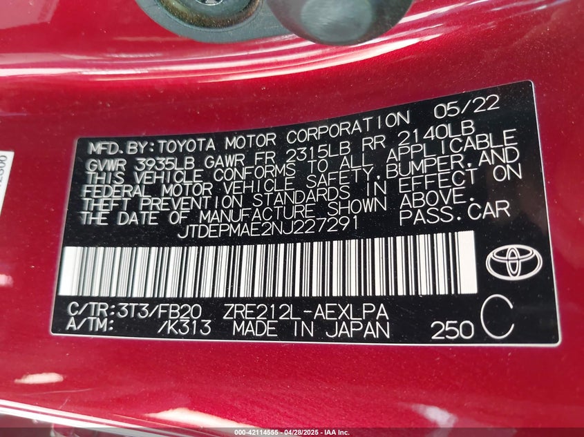 2022 TOYOTA COROLLA(VIN: JTDEPMAE2NJ227291