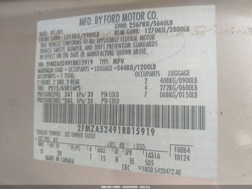 2001 Ford Windstar Se VIN: 2FMZA52491BB15919 Lot: 42114592