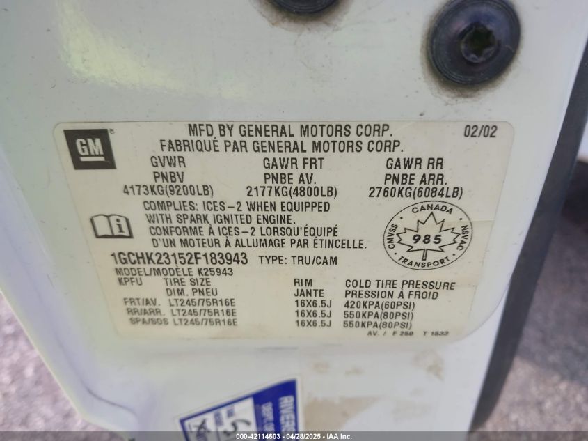 2002 Chevrolet Silverado 2500Hd Ls/Lt VIN: 1GCHK23152F183943 Lot: 42114603