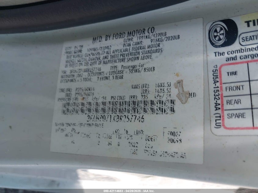 2008 FORD FUSION VIN: 3FAHP071X8R257746
