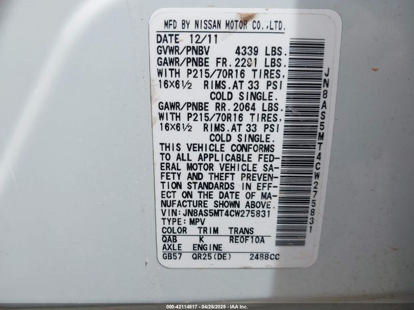 2012 Nissan Rogue S VIN: JN8AS5MT4CW275831 Lot: 42114817