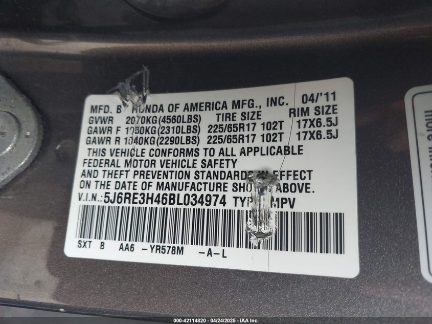 2011 HONDA CR-V VIN: 5J6RE3H46BL034974