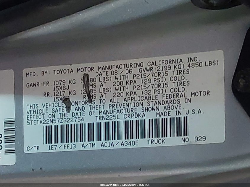 2007 TOYOTA TACOMA VIN: 5TETX22N57Z322754