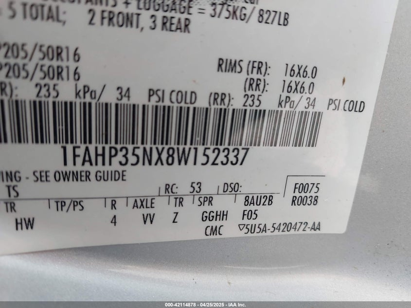 2008 FORD FOCUS VIN: 1FAHP35NX8W152337