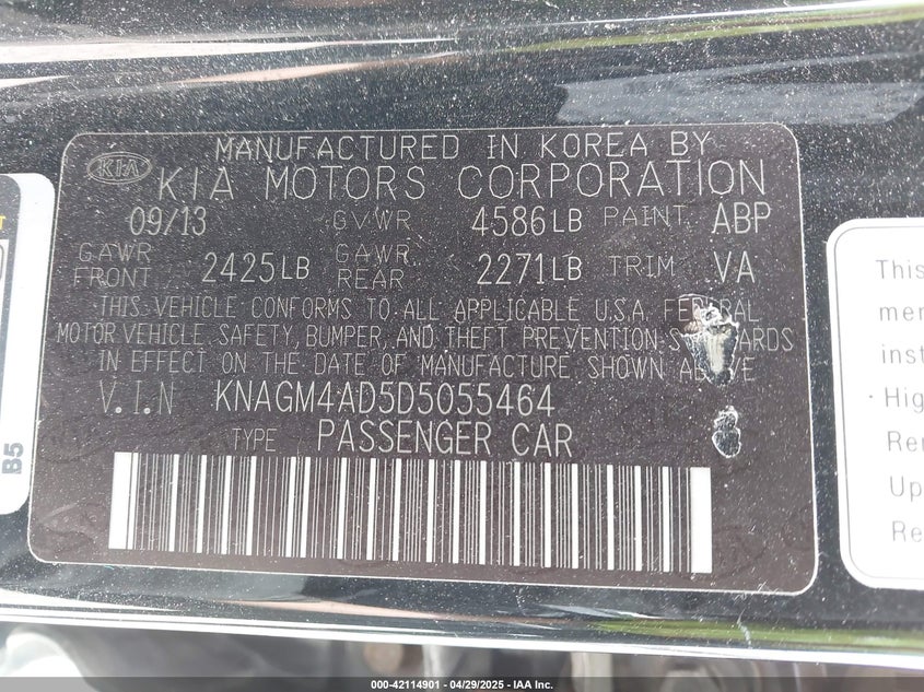 2013 KIA OPTIMA HYBRID VIN: KNAGM4AD5D5055464