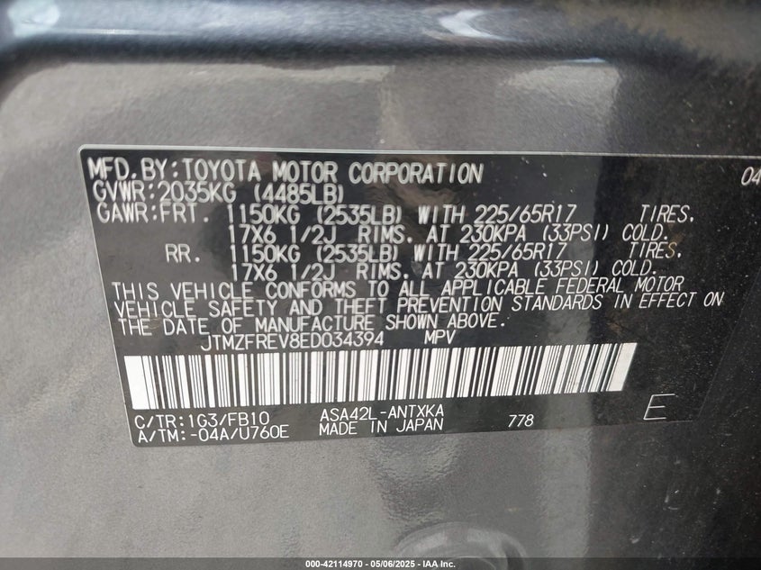 2014 TOYOTA RAV4 LE - JTMZFREV8ED034394