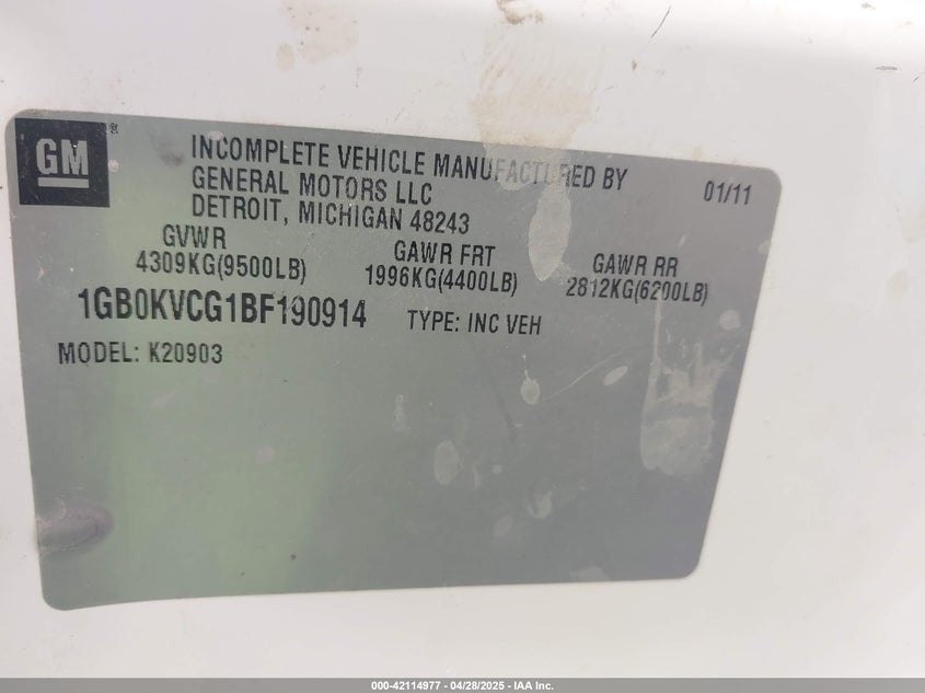 2011 CHEVROLET SILVERADO 2500HD VIN: 1GB0KVCG1BF190914