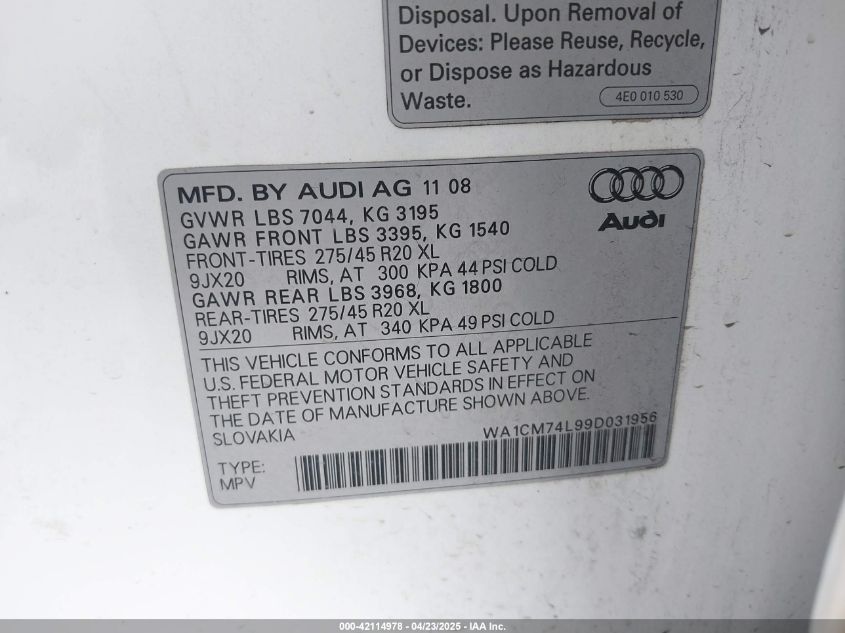 2009 Audi Q7 3.0 Tdi VIN: WA1CM74L99D031956 Lot: 42114978