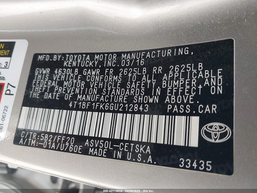 2016 TOYOTA CAMRY VIN: 4T1BF1FK6GU212843