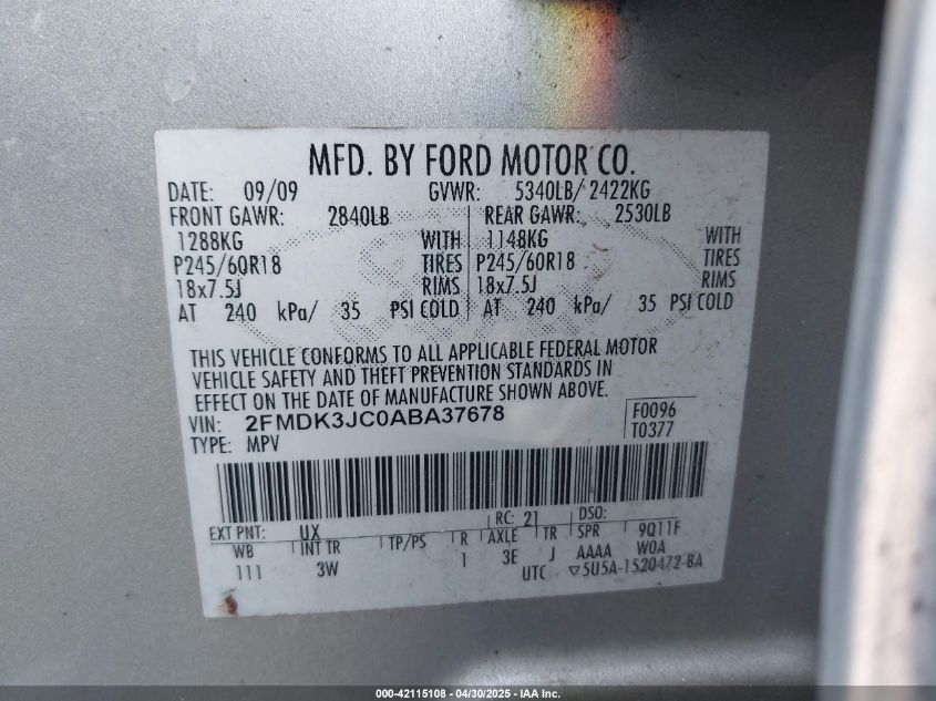 2010 Ford Edge Sel VIN: 2FMDK3JC0ABA37678 Lot: 42115108