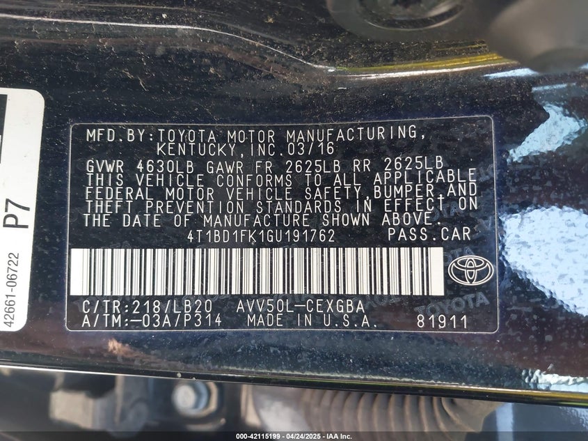 2016 TOYOTA CAMRY VIN: 4T1BD1FK1GU191762