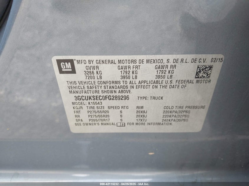 2015 CHEVROLET SILVERADO 1500 VIN: 3GCUKSEC0FG289296