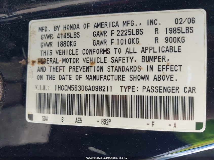 2006 HONDA ACCORD VIN: 1HGCM56306A098211