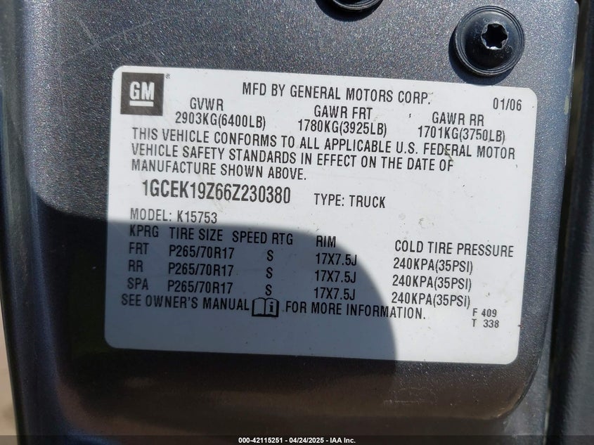 2006 CHEVROLET SILVERADO 1500 VIN: 1GCEK19Z66Z230380