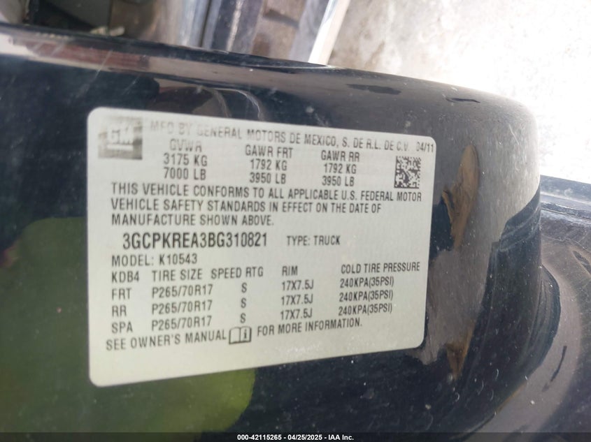 2011 CHEVROLET SILVERADO 1500 VIN: 3GCPKREA3BG310821