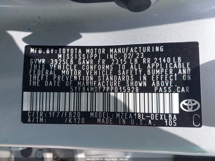 2023 TOYOTA COROLLA VIN: 5YFB4MDE7PP015928