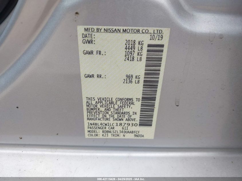 2020 Nissan Altima Sr Intelligent Awd VIN: 1N4BL4CW1LC187930 Lot: 42115426