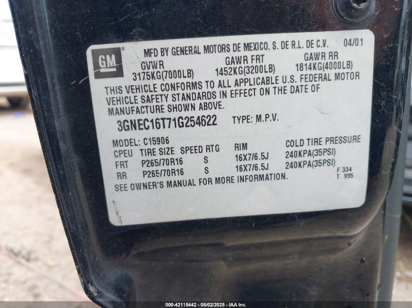 2001 Chevrolet Suburban 1500 Ls VIN: 3GNEC16T71G254622 Lot: 42115442