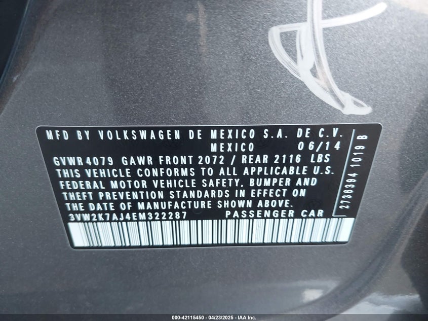 2014 VOLKSWAGEN JETTA 2.0L S - 3VW2K7AJ4EM322287