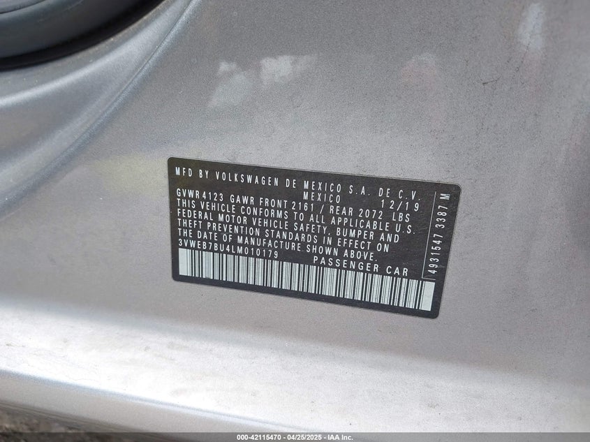 VIN 3VWEB7BU4LM010179 2020 VOLKSWAGEN JETTA 1.4T SEL