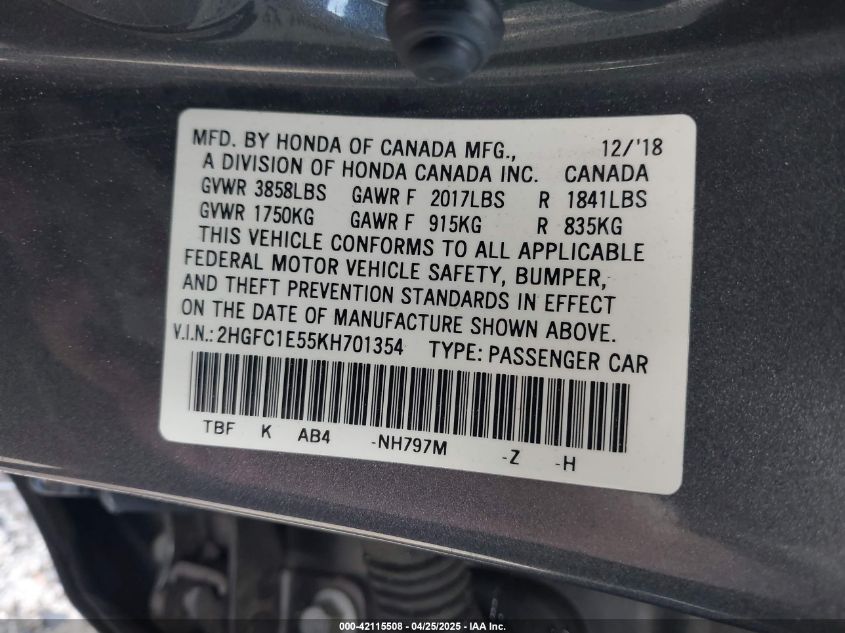 2019 Honda Civic Si VIN: 2HGFC1E55KH701354 Lot: 42115508