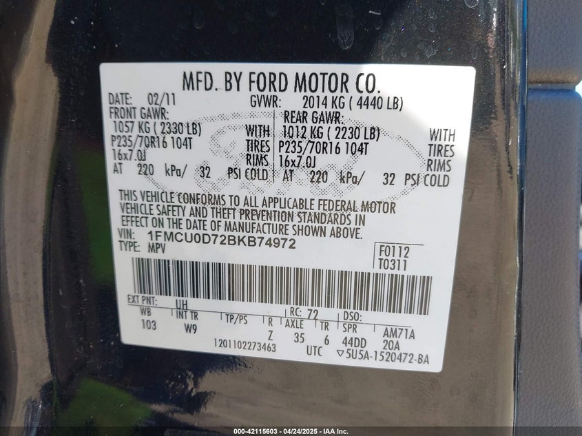 2011 FORD ESCAPE VIN: 1FMCU0D72BKB74972