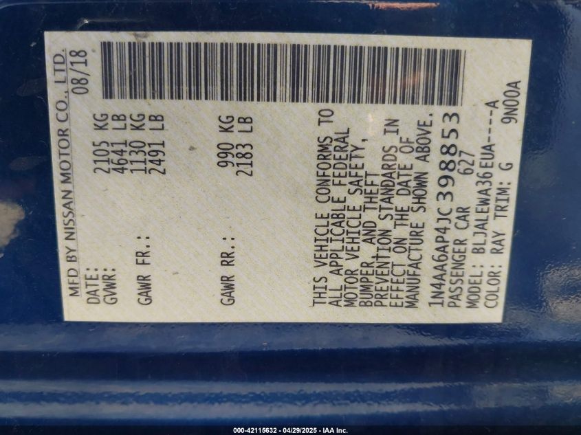 2018 Nissan Maxima 3.5 Sl VIN: 1N4AA6AP4JC398853 Lot: 42115632