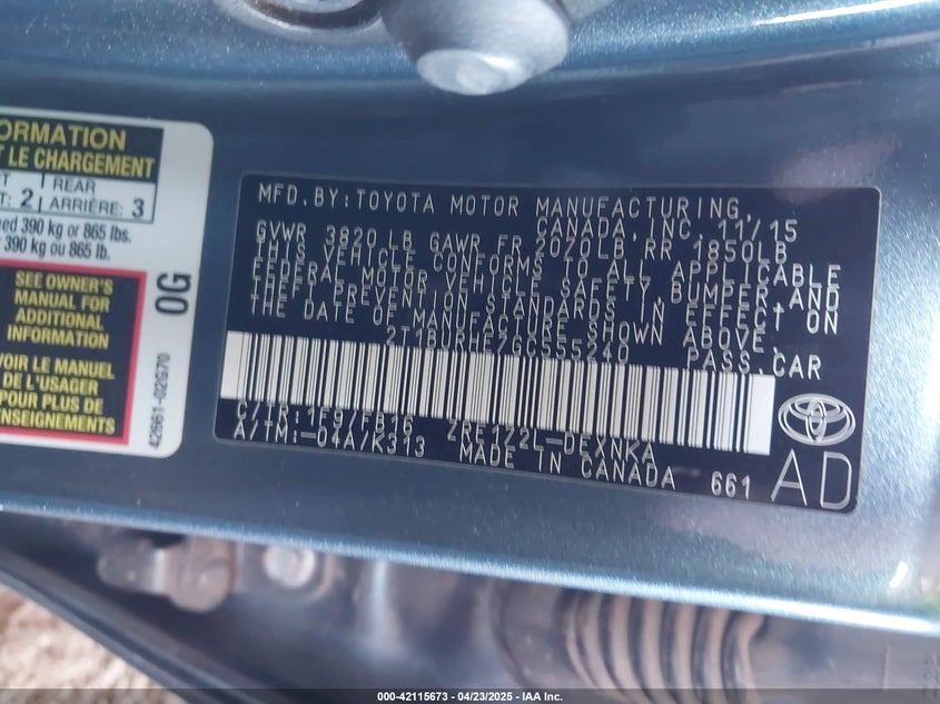 2016 TOYOTA COROLLA VIN: 2T1BURHE7GC555240