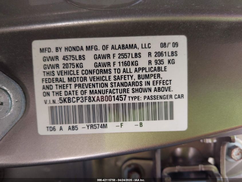 2010 Honda Accord 3.5 Ex-L VIN: 5KBCP3F8XAB001457 Lot: 42115758