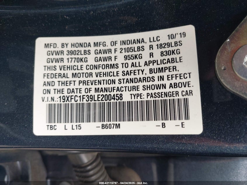 2020 HONDA CIVIC VIN: 19XFC1F39LE200458