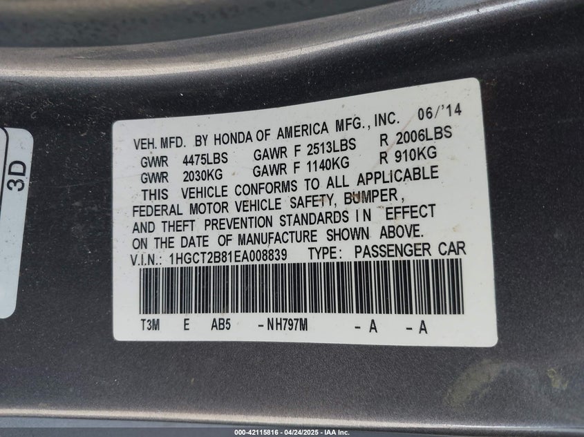 2014 HONDA ACCORD VIN: 1HGCT2B81EA008839