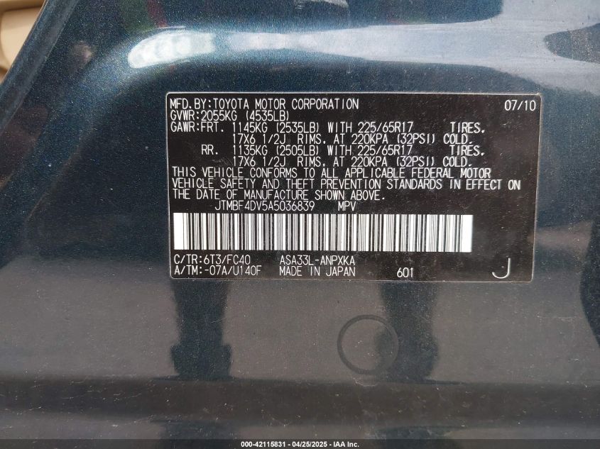 2010 Toyota Rav4 VIN: JTMBF4DV5A5036839 Lot: 42115831