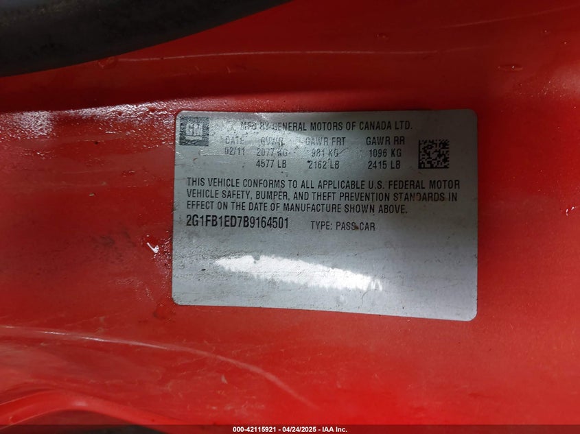 2011 CHEVROLET CAMARO VIN: 2G1FB1ED7B9164501
