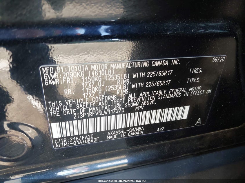 VIN 2T3P1RFV5LW117270 2020 TOYOTA RAV4 XLE