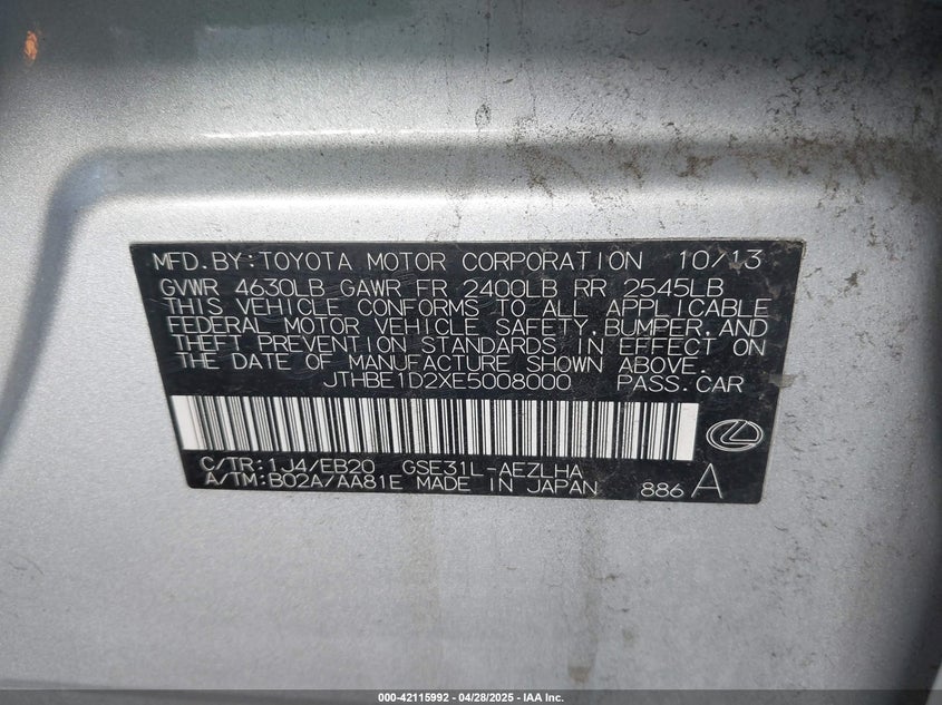 2014 LEXUS IS 350 VIN: JTHBE1D2XE5008000