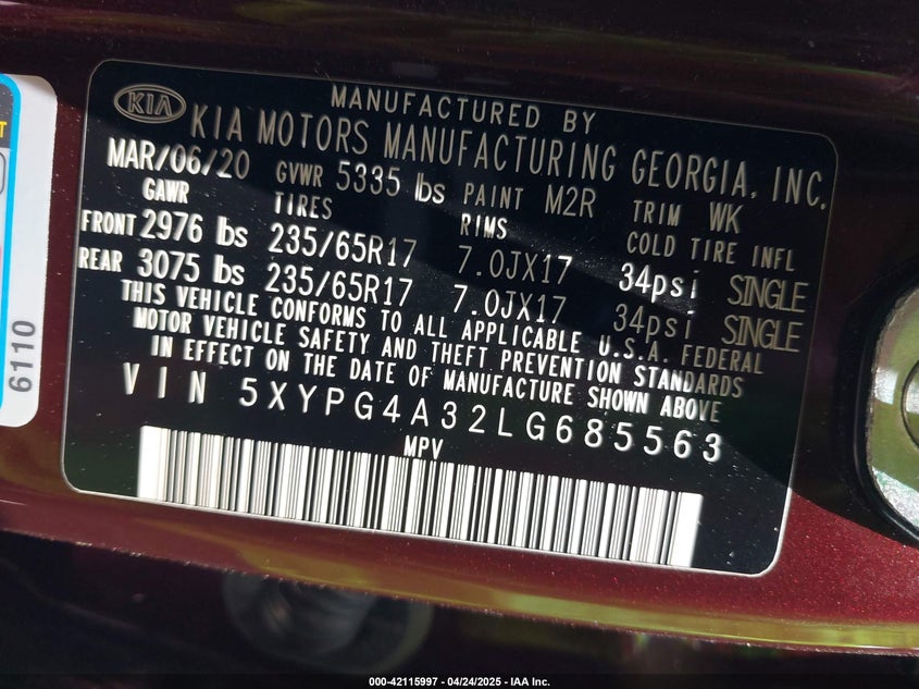 2020 KIA SORENTO VIN: 5XYPG4A32LG685563