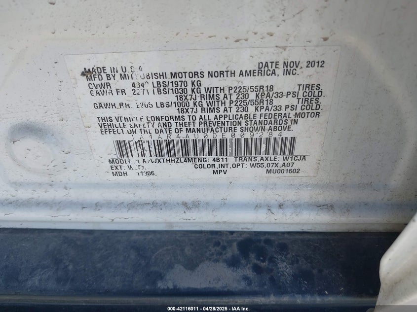 2013 MITSUBISHI OUTLANDER SPORT VIN: 4A4AR4AU0DE009284