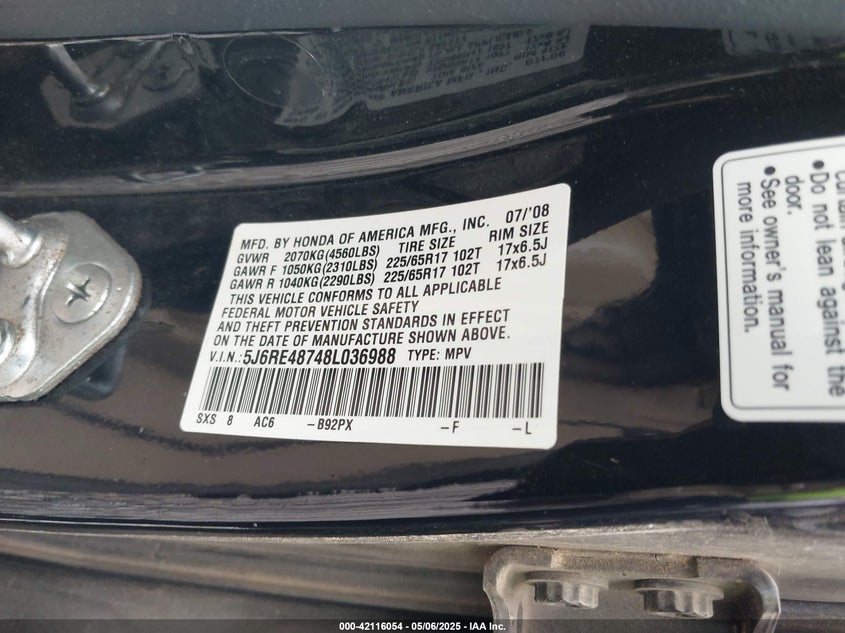 2008 HONDA CR-V VIN: 5J6RE48748L036988
