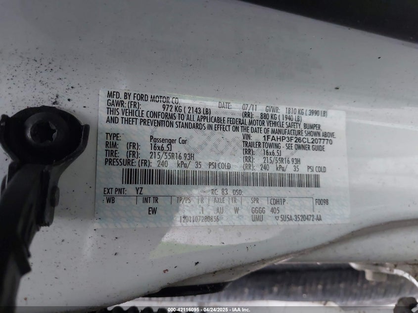 2012 FORD FOCUS VIN: 1FAHP3F26CL207770