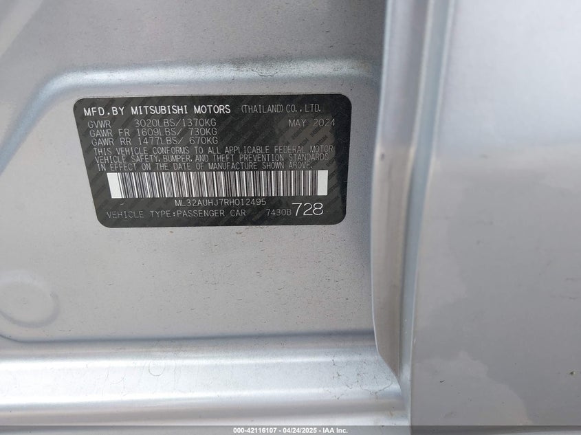 2024 MITSUBISHI MIRAGE VIN: ML32AUHJ7RH012495