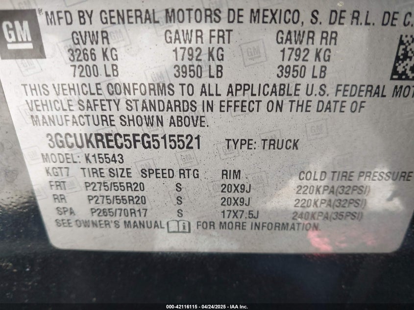 2015 CHEVROLET SILVERADO 1500 VIN: 3GCUKREC5FG515521