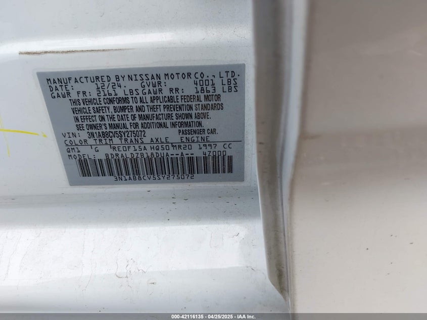 VIN 3N1AB8CV5SY275072 2025 NISSAN SENTRA SV