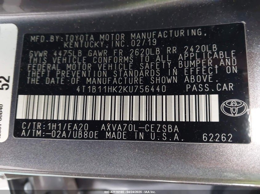 2019 TOYOTA CAMRY VIN: 4T1B11HK2KU756440