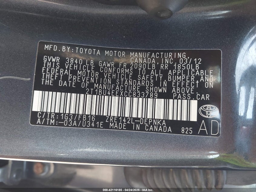 2012 TOYOTA COROLLA VIN: 2T1BU4EEXCC833789