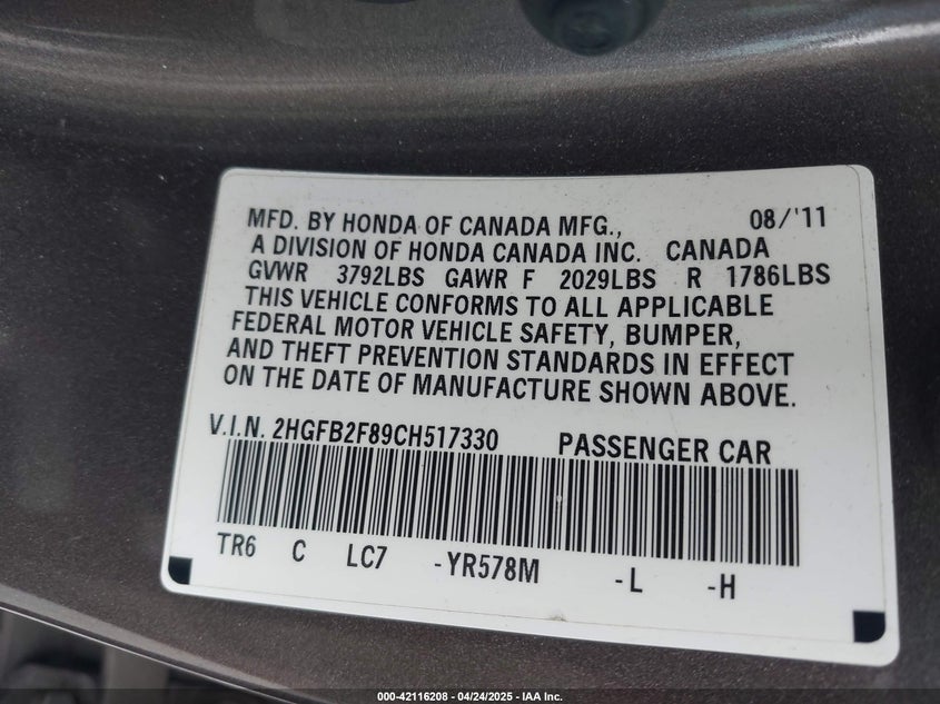 2012 HONDA CIVIC VIN: 2HGFB2F89CH517330