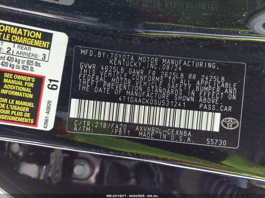 2025 TOYOTA CAMRY VIN: 4T1DAACK0SU531241