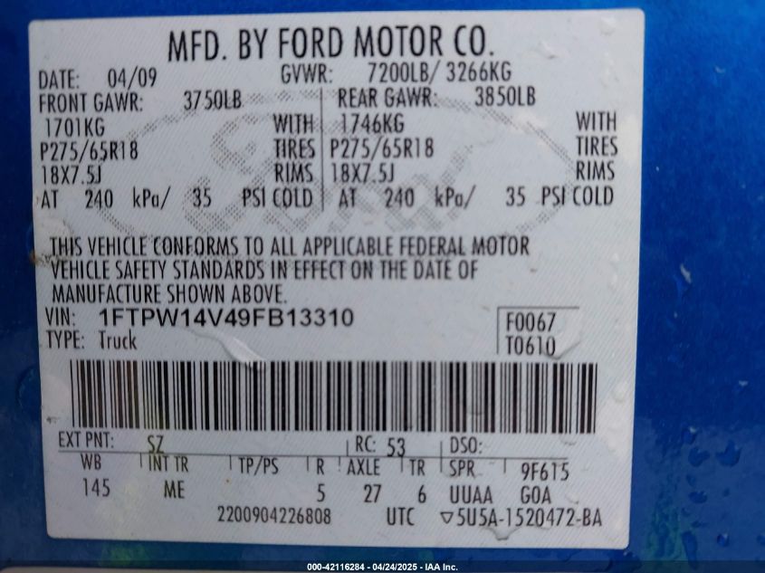 2009 Ford F-150 Fx4/King Ranch/Lariat/Platinum/Xl/Xlt VIN: 1FTPW14V49FB13310 Lot: 42116284