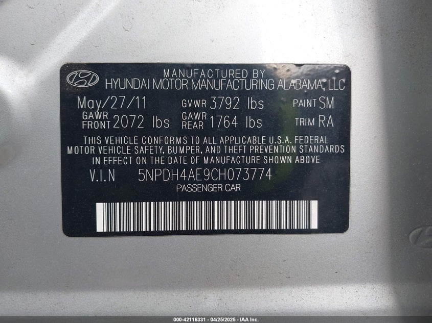 2012 HYUNDAI ELANTRA VIN: 5NPDH4AE9CH073774